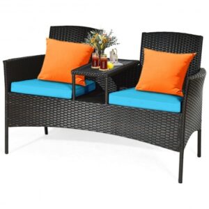 Modern Patio Conversation Set with Built-in Coffee Table and Cushions -Turquoise - Color: Turquoise