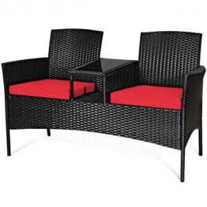 Wicker Patio Conversation Furniture Set with Removable Cushions and Table-Red - Color: Red