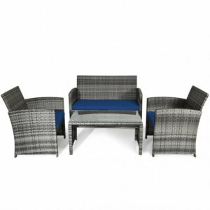 4 Pieces Patio Rattan Furniture Set with Glass Table and Loveseat-Navy - Color: Navy