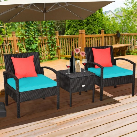3 Piece PE Rattan Wicker Sofa Set with Washable and Removable Cushion for Patio-Turquoise - Color: Turquoise - Image 3