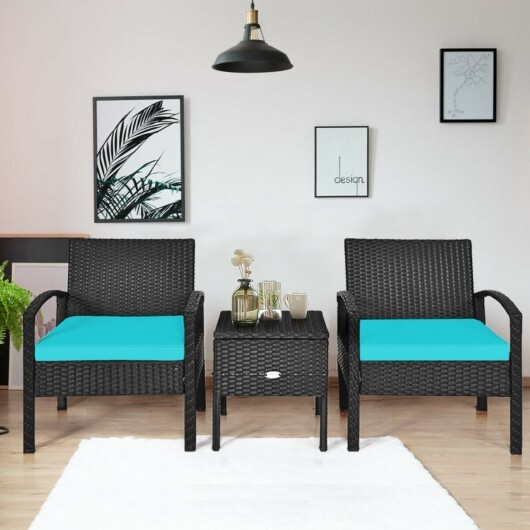 3 Piece PE Rattan Wicker Sofa Set with Washable and Removable Cushion for Patio-Turquoise - Color: Turquoise - Image 4
