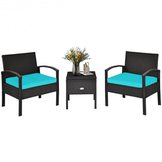 3 Piece PE Rattan Wicker Sofa Set with Washable and Removable Cushion for Patio-Turquoise - Color: Turquoise - Image 5