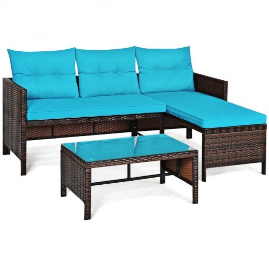3 Pieces Patio Wicker Rattan Sofa Set-Turquoise - Color: Turquoise