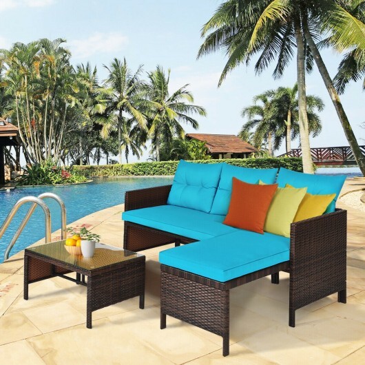 3 Pieces Patio Wicker Rattan Sofa Set-Turquoise - Color: Turquoise - Image 2