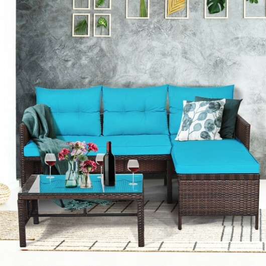 3 Pieces Patio Wicker Rattan Sofa Set-Turquoise - Color: Turquoise - Image 3