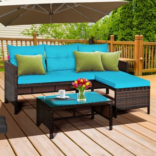 3 Pieces Patio Wicker Rattan Sofa Set-Turquoise - Color: Turquoise - Image 5