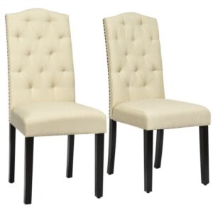 Set of 2 Tufted Upholstered Dining Chairs-Beige - Color: Beige