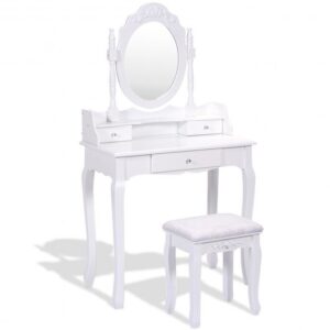Vanity Table Set with Cushioned Stool with 360?&deg; Rotating Oval Mirror and Three Drawers-White - Color: White