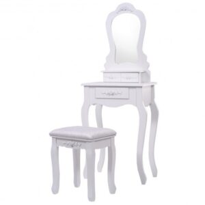 Makeup Dressing Table and Bench 3 Drawers and Cushioned Stool for Girls-White - Color: White