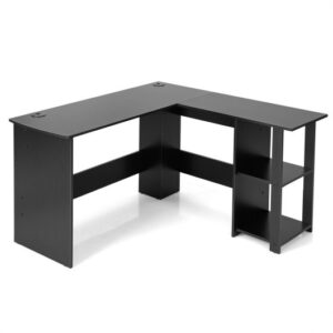L-Shaped Corner Computer Desk with 2-Tier Open Shelves for Home Office - Color: Black