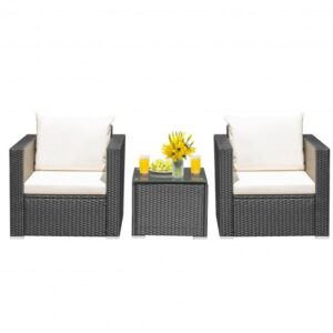 3 Pieces Patio Wicker Conversation Set? with Cushion-White - Color: White