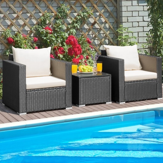 3 Pieces Patio Wicker Conversation Set? with Cushion-White - Color: White - Image 2