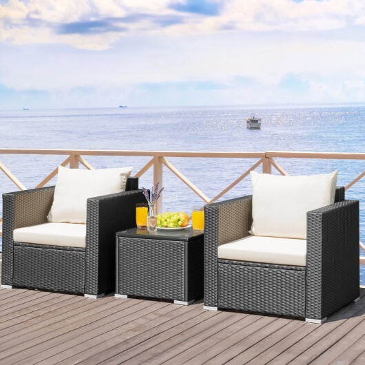 3 Pieces Patio Wicker Conversation Set? with Cushion-White - Color: White - Image 3