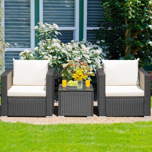 3 Pieces Patio Wicker Conversation Set? with Cushion-White - Color: White - Image 4