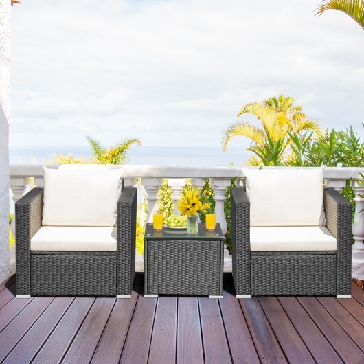 3 Pieces Patio Wicker Conversation Set? with Cushion-White - Color: White - Image 5