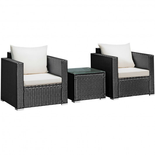 3 Pieces Patio Wicker Conversation Set? with Cushion-White - Color: White - Image 6