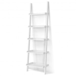 5-Tier Wall-leaning Ladder Shelf  Display Rack for Plants and Books-White - Color: White