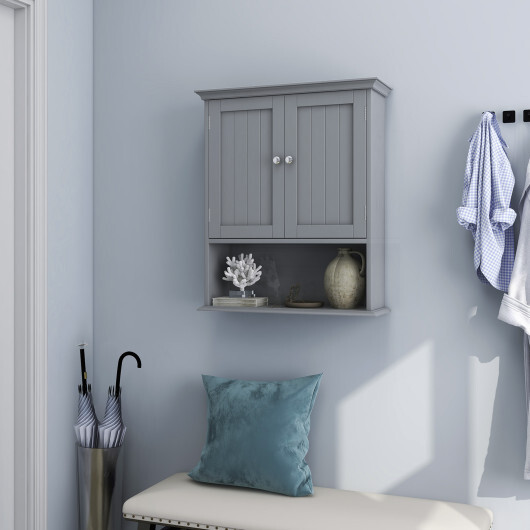 Wall Mount Bathroom Cabinet Storage Organizer with Doors and Shelves-Gray - Color: Gray - Image 3