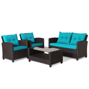 4 Pieces Patio Rattan Furniture Set with Tempered Glass Coffee Table-Turquoise - Color: Turquoise