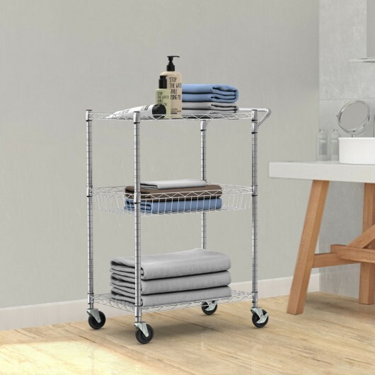 3-Tier Rolling Utility Cart with Handle Bar and Adjustable Shelves - Color: Silver - Image 2