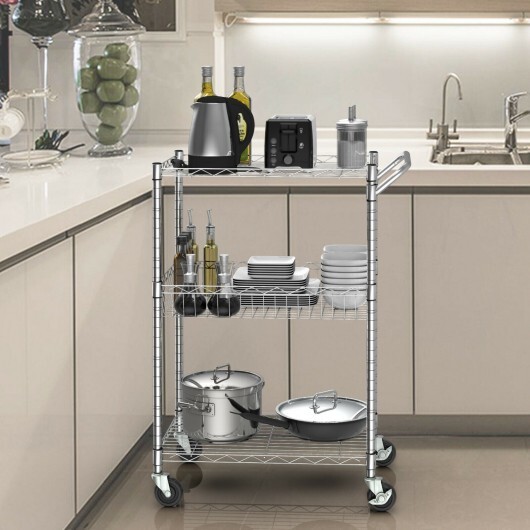 3-Tier Rolling Utility Cart with Handle Bar and Adjustable Shelves - Color: Silver - Image 3