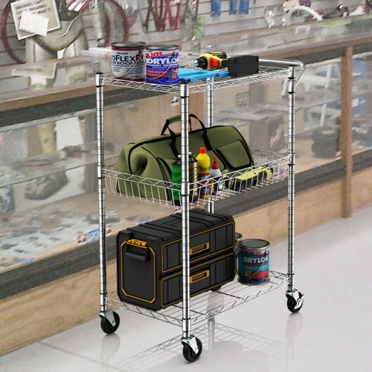 3-Tier Rolling Utility Cart with Handle Bar and Adjustable Shelves - Color: Silver - Image 4