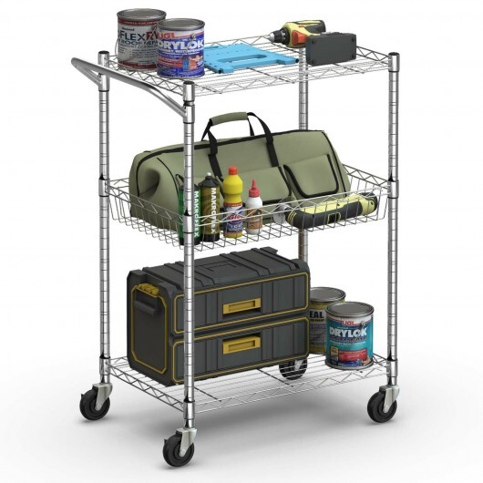 3-Tier Rolling Utility Cart with Handle Bar and Adjustable Shelves - Color: Silver - Image 5