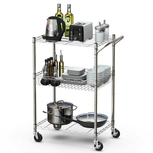 3-Tier Rolling Utility Cart with Handle Bar and Adjustable Shelves - Color: Silver - Image 6