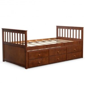 Twin Captain's Bed with Trundle and 3 Storage Drawers-Walnut - Color: Walnut - Size: Twin Size