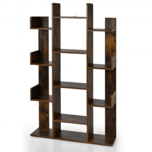 Tree-Shaped Bookshelf with 13 Compartments for Home Office-Rustic Brown - Color: Rustic Brown