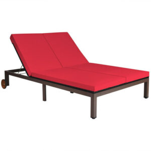 2-Person Patio Rattan Lounge Chair with Adjustable Backrest-Red - Color: Red