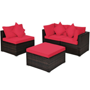 4 Pcs Ottoman Garden Deck Patio Rattan Wicker Furniture Set Cushioned Sofa-Red - Color: Red