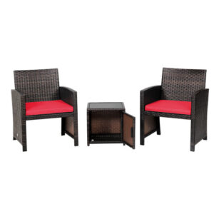 3 Pieces Patio Wicker Furniture Set with Storage Table and Protective Cover-Red - Color: Red