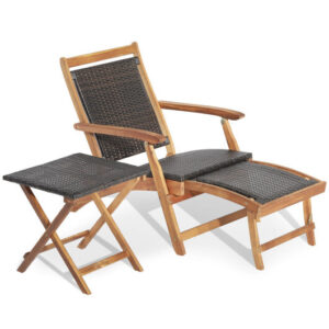2 Pieces Patio Rattan Folding Lounge Chair with Acacia Wood Table - Color: Brown