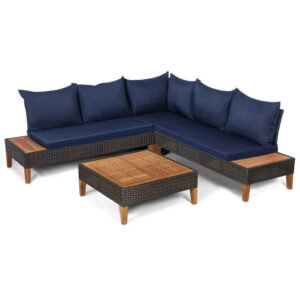 4 Pieces Patio Cushioned Rattan Furniture Set with Wooden Side Table-Navy - Color: Navy