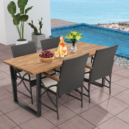 5 Pieces Patio Rattan Dining Set with Acacia Wood Tabletop and Armrests - Color: Multicolor - Image 2