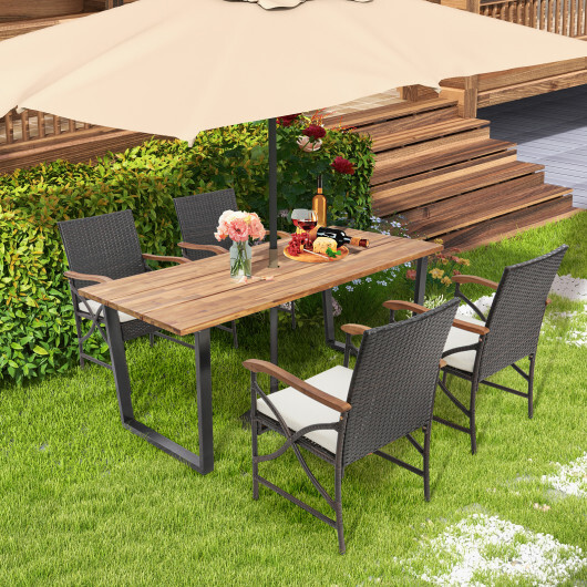 5 Pieces Patio Rattan Dining Set with Acacia Wood Tabletop and Armrests - Color: Multicolor - Image 3
