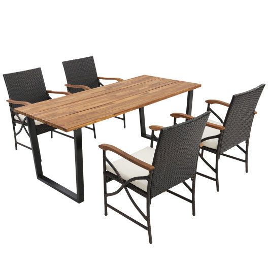 5 Pieces Patio Rattan Dining Set with Acacia Wood Tabletop and Armrests - Color: Multicolor - Image 4
