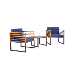 3 Pieces Patio Acacia Wood Conversation Set with Cushioned Armchairs-Navy - Color: Navy