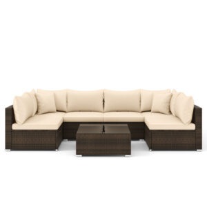 7 Pieces Patio Rattan Furniture Set with Sectional Sofa Cushions-Beige - Color: Beige