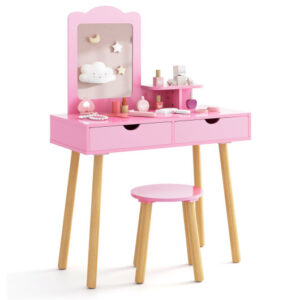 Kid Vanity Table Chair Set with Mirror and 2 Large Storage Drawers-Pink - Color: Pink