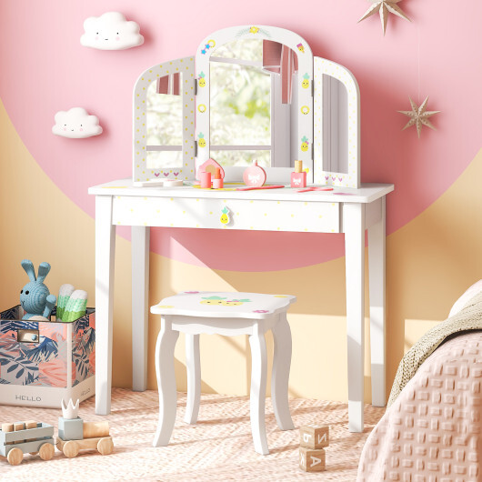 Kids Vanity Table Set with Tri-Folding Mirror and Large Drawer-White - Color: White - Image 2