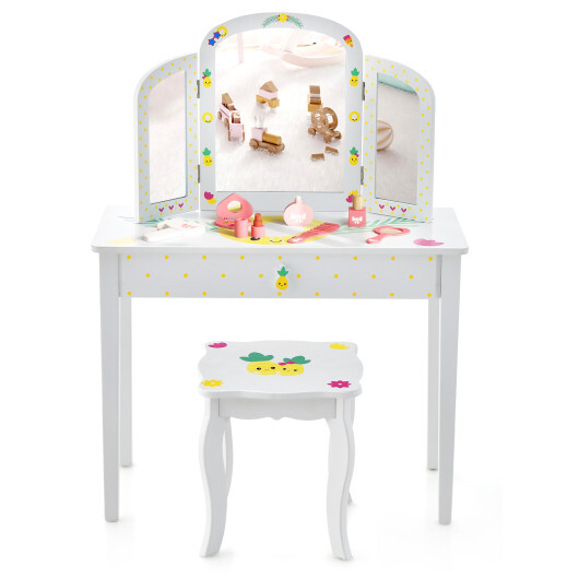 Kids Vanity Table Set with Tri-Folding Mirror and Large Drawer-White - Color: White - Image 4