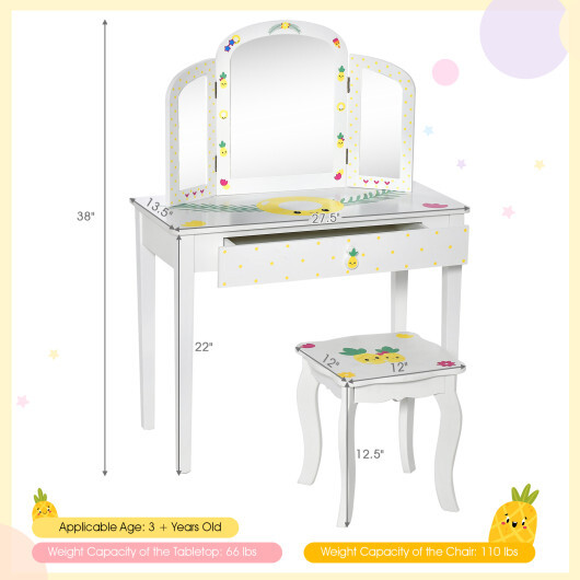 Kids Vanity Table Set with Tri-Folding Mirror and Large Drawer-White - Color: White - Image 5