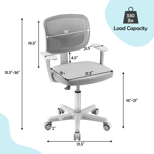 Adjustable Desk Chair with 5 Rolling Casters for Kids-Gray - Color: Gray - Image 5