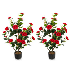 38 Inch Artificial Camellia Tree Faux Flower Plant in Cement Pot 2 Pack-Red - Color: Red