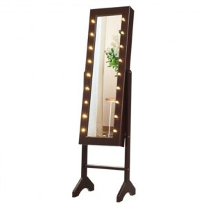 Mirrored Jewelry Cabinet Armoire Organizer w/ LED lights-Brown - Color: Brown