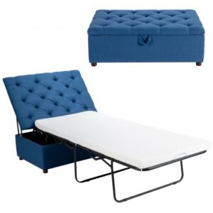 Folding Ottoman Sleeper Bed with Mattress for Guest Bed and Office Nap-Blue - Color: Blue