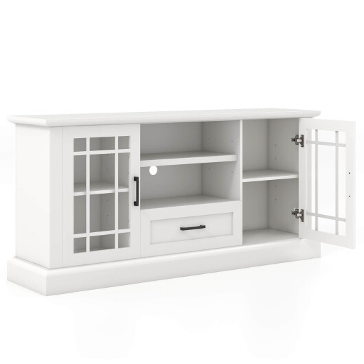 TV Stand for TVs up to 70 with Glass Doors Cubbies and Drawer-White - Color: White