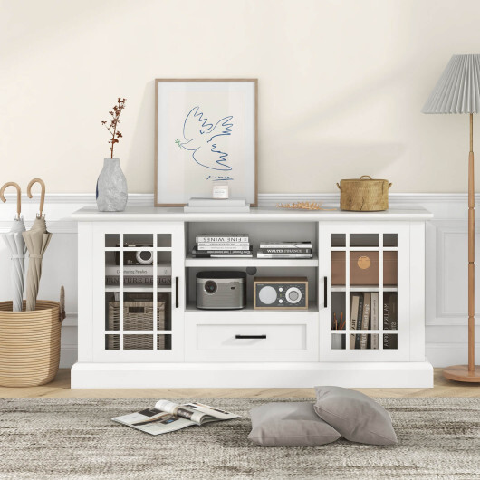 TV Stand for TVs up to 70 with Glass Doors Cubbies and Drawer-White - Color: White - Image 2